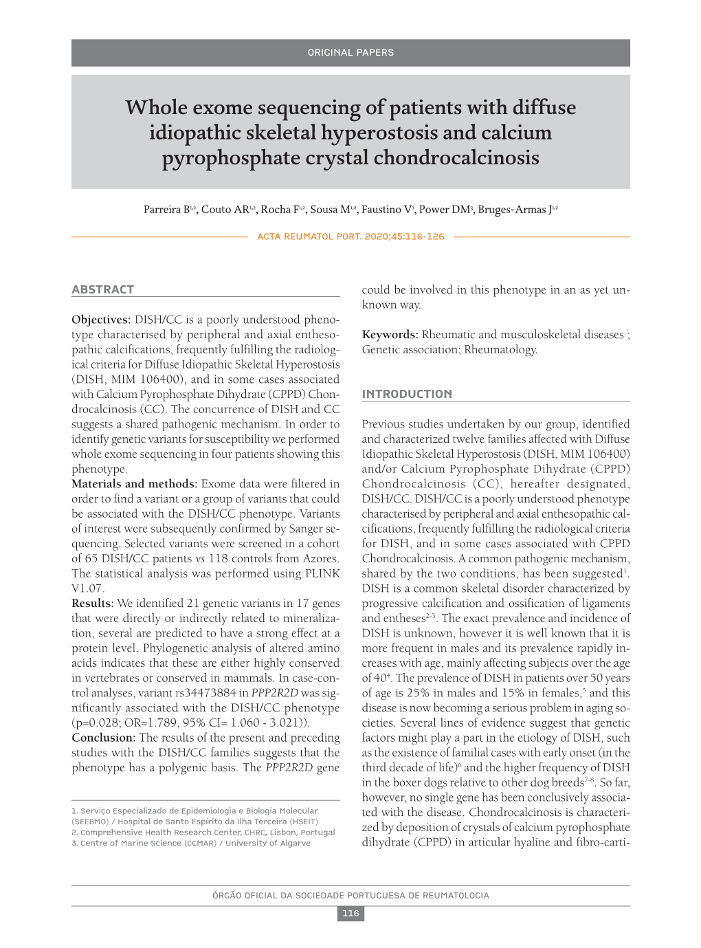 Whole Exome Sequencing of Patients with Diffuse Idiopathic Skeletal Hyperostosis and Calcium Pyrophosphate Crystal Chondrocalcinosis