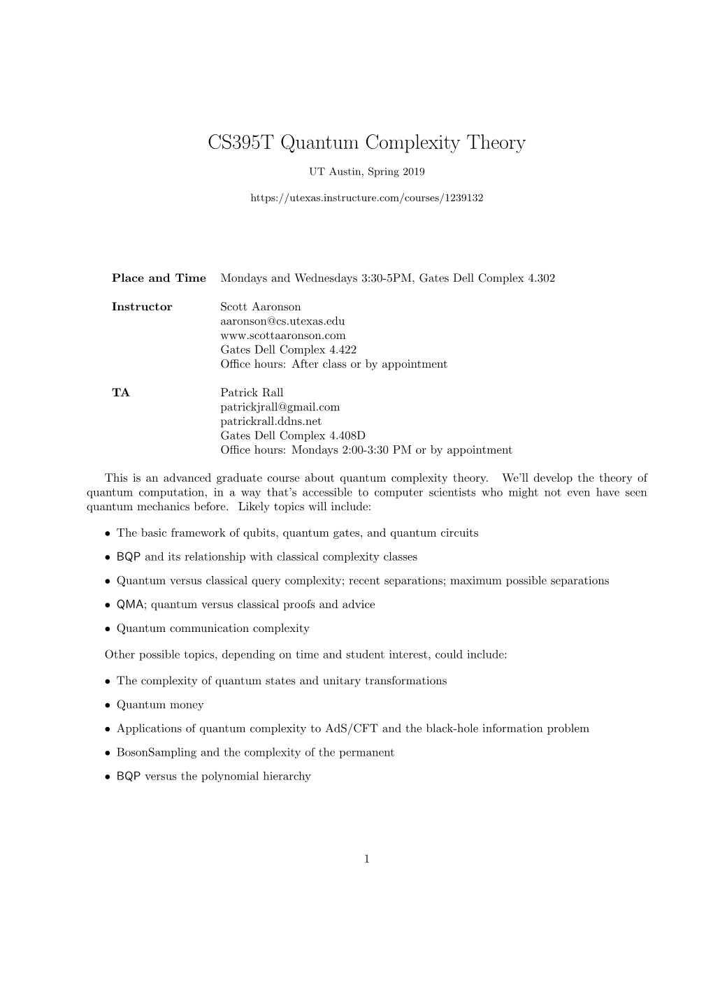 CS395T Quantum Complexity Theory