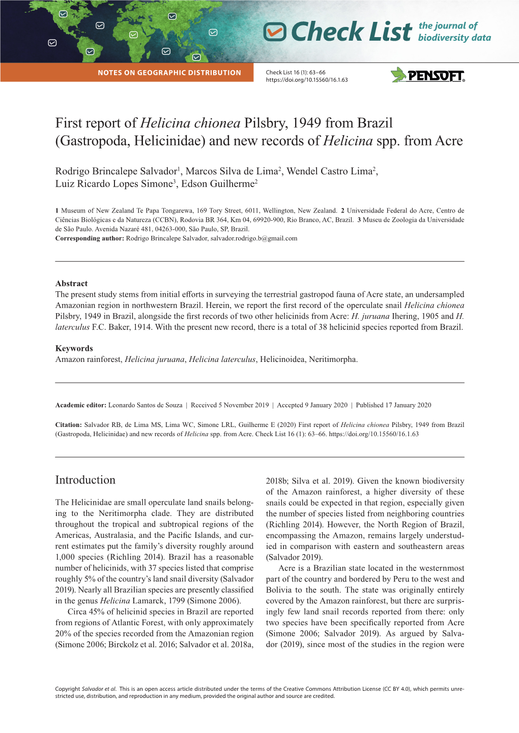 Helicina Chionea Pilsbry, 1949 from Brazil (Gastropoda, Helicinidae) and New Records of Helicina Spp