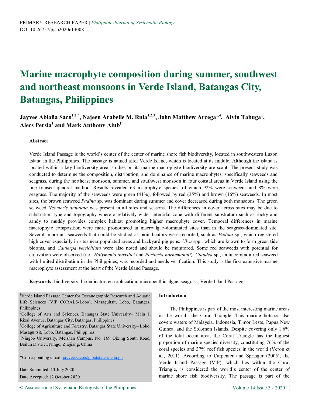 Marine Macrophyte Composition During Summer, Southwest and Northeast Monsoons in Verde Island, Batangas City, Batangas, Philippines