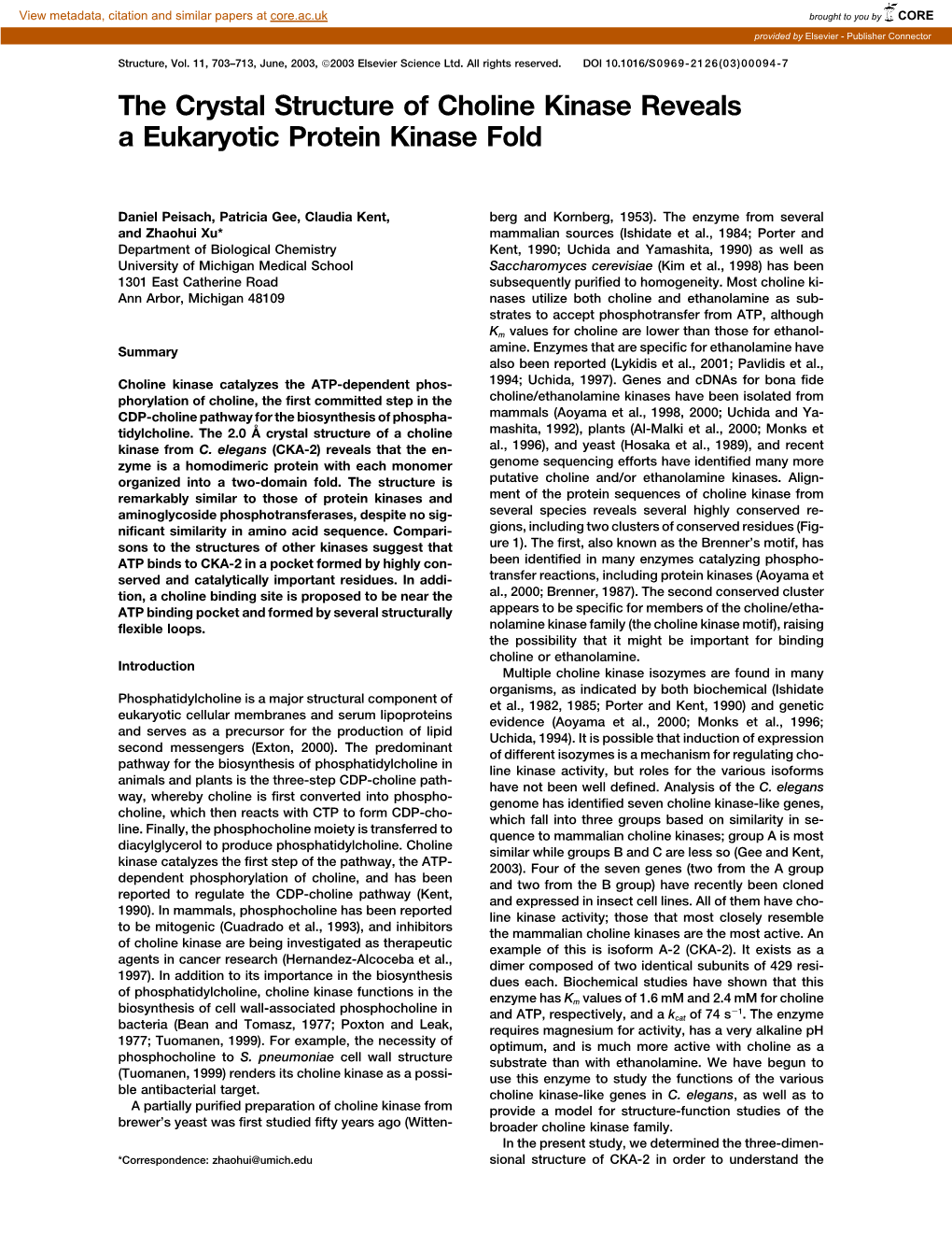 The Crystal Structure of Choline Kinase Reveals a Eukaryotic Protein Kinase Fold