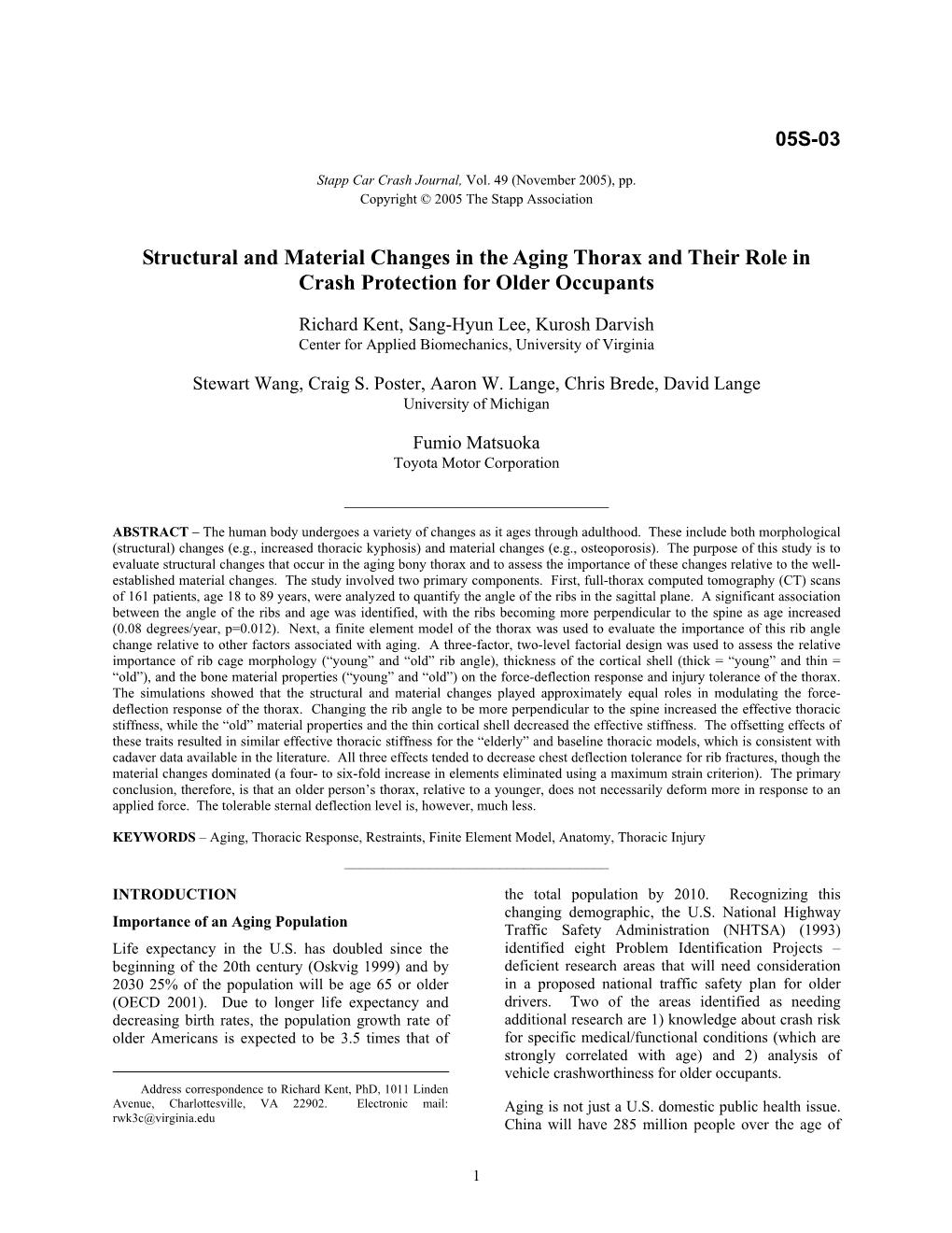 Structural and Material Changes in the Aging Thorax and Their Role in Crash Protection for Older Occupants