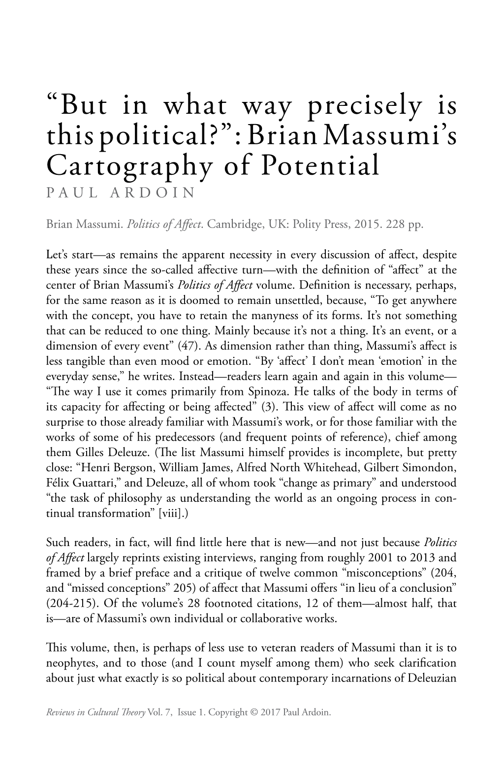 Brian Massumi's Cartography of Potential