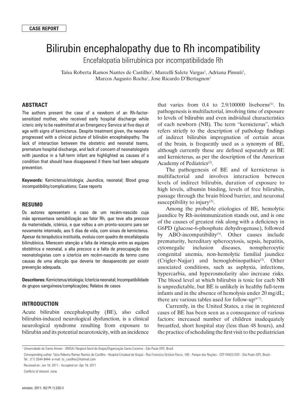 Bilirubin Encephalopathy Due to Rh Incompatibility Encefalopatia Bilirrubínica Por Incompatibilidade Rh