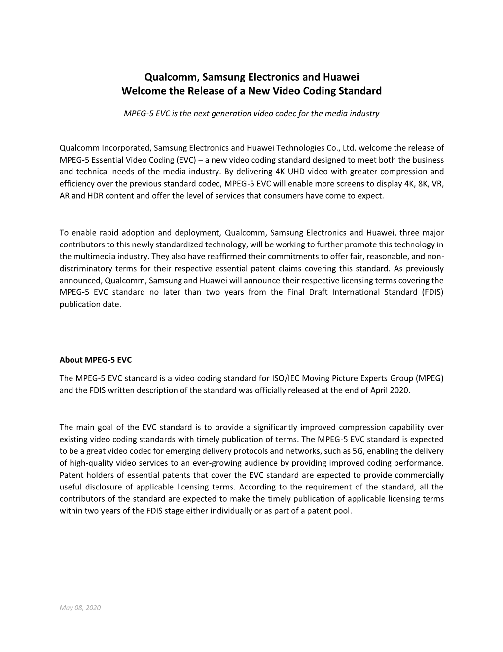 Qualcomm, Samsung Electronics and Huawei Welcome the Release of a New Video Coding Standard