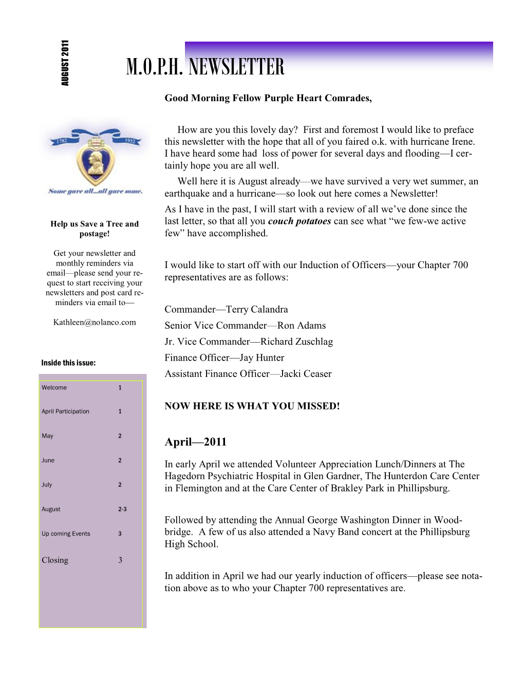 M.O.P.H. NEWSLETTER AUGUST 2011 Good Morning Fellow Purple Heart Comrades