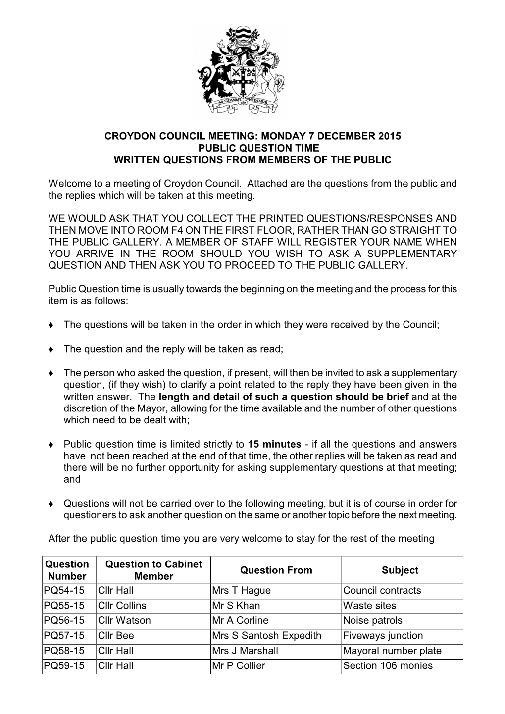 Croydon Council Meeting: Monday 7 December 2015 Public Question Time Written Questions from Members of the Public