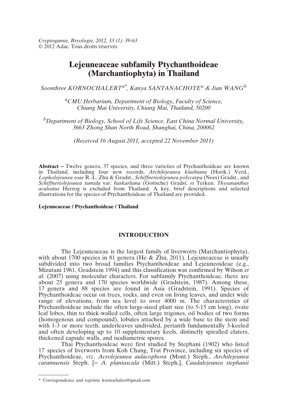 Lejeuneaceae Subfamily Ptychanthoideae (Marchantiophyta) in Thailand