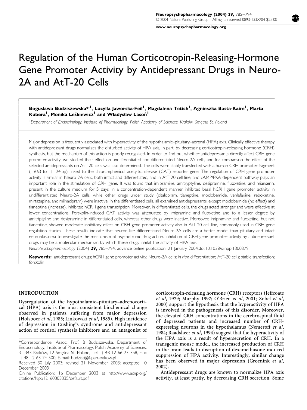 Regulation of the Human Corticotropin-Releasing-Hormone Gene Promoter Activity by Antidepressant Drugs in Neuro- 2A and Att-20 Cells