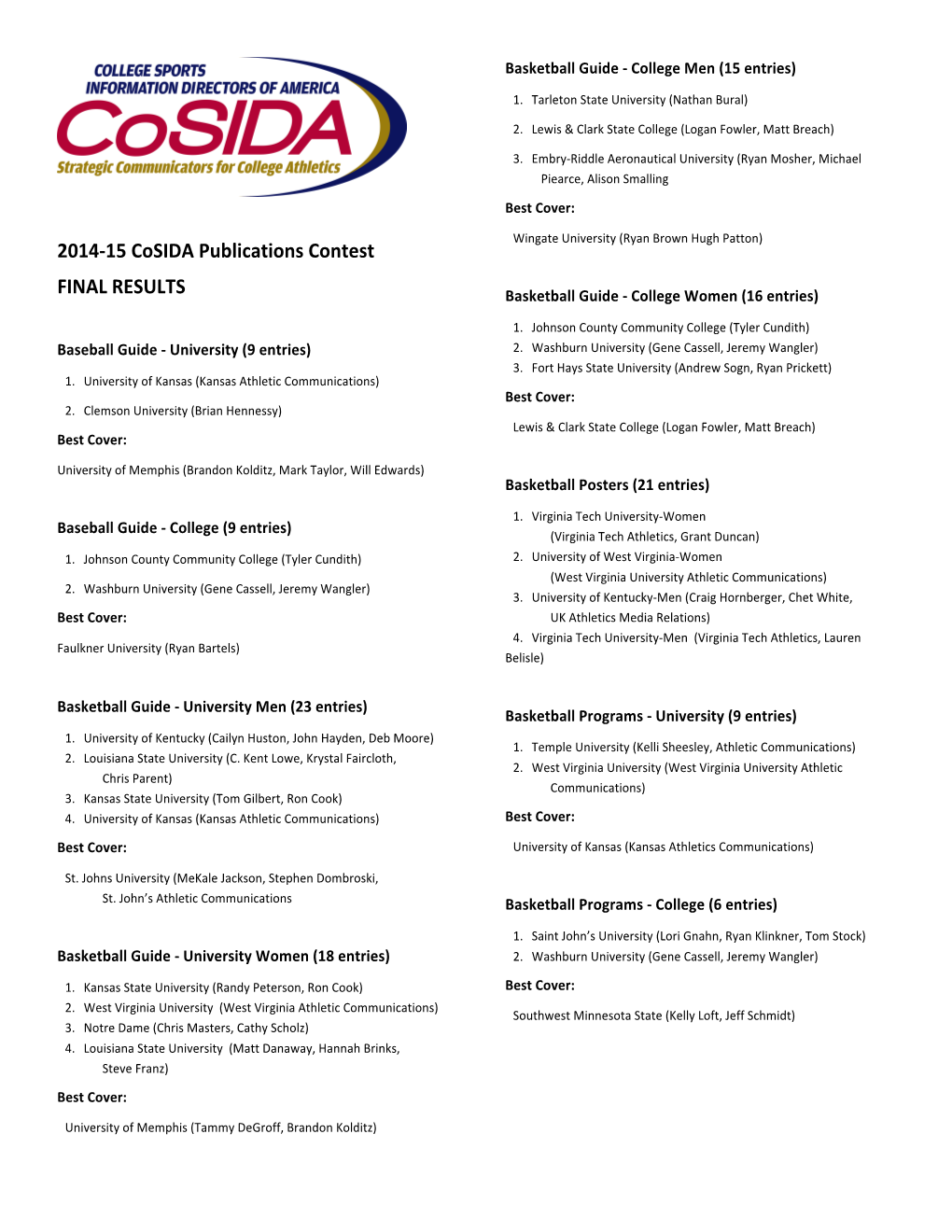 2014-‐15 Cosida Publications Contest FINAL RESULTS