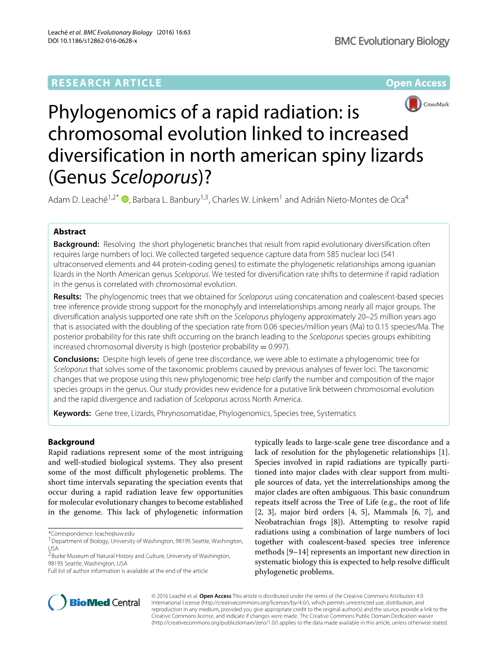 Phylogenomics of a Rapid Radiation: Is Chromosomal Evolution Linked to Increased Diversification in North American Spiny Lizards (Genus Sceloporus)? Adam D