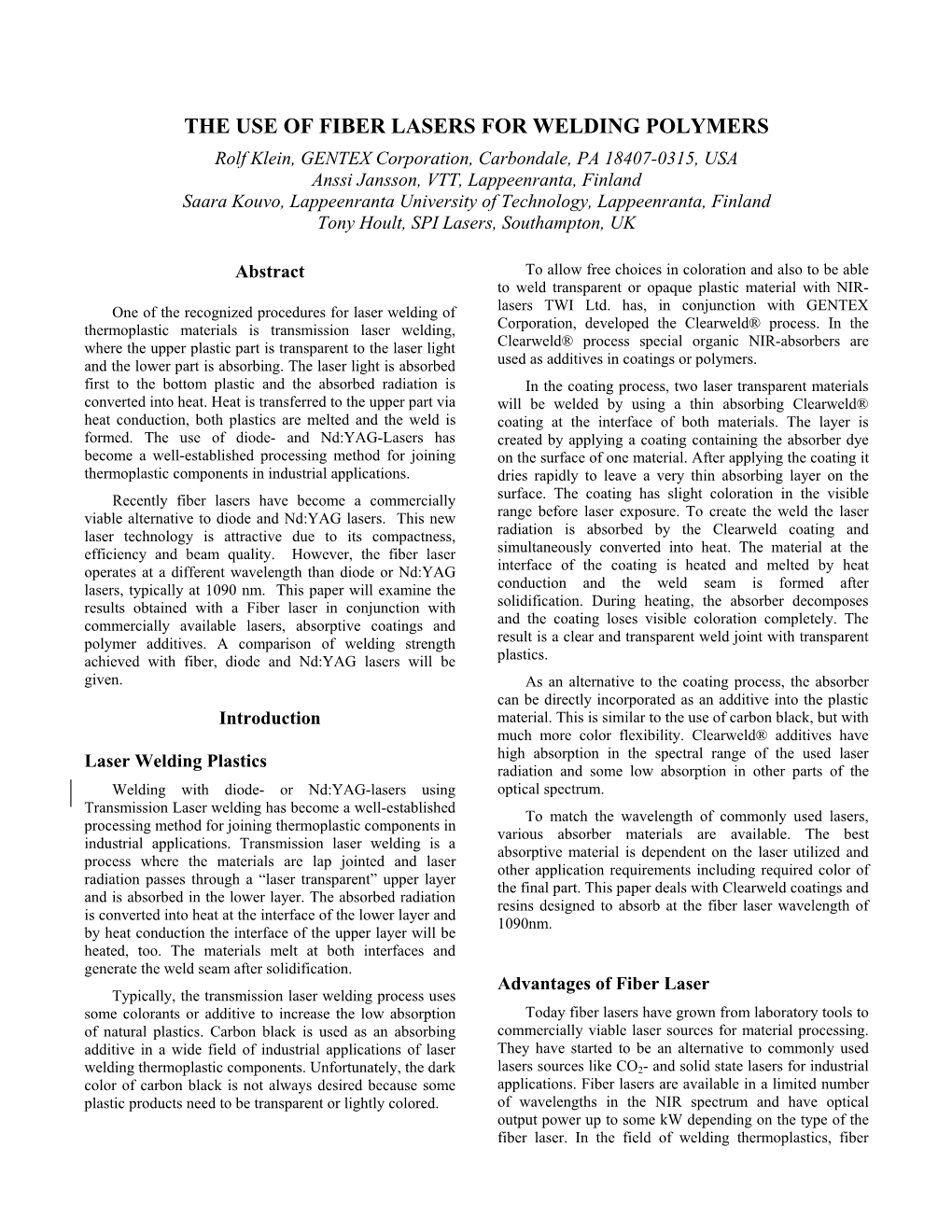 The Use of Fiber Lasers for Welding Polymers