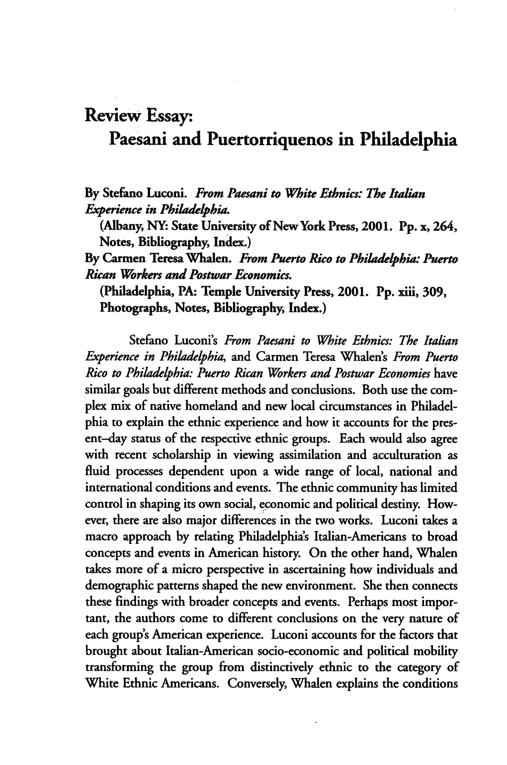 Review Essay: Paesani and Puertorriquenos in Philadelphia