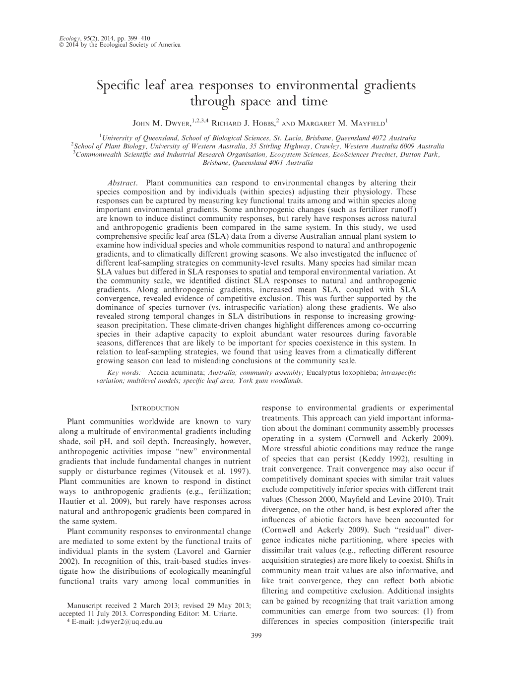 Specific Leaf Area Responses to Environmental