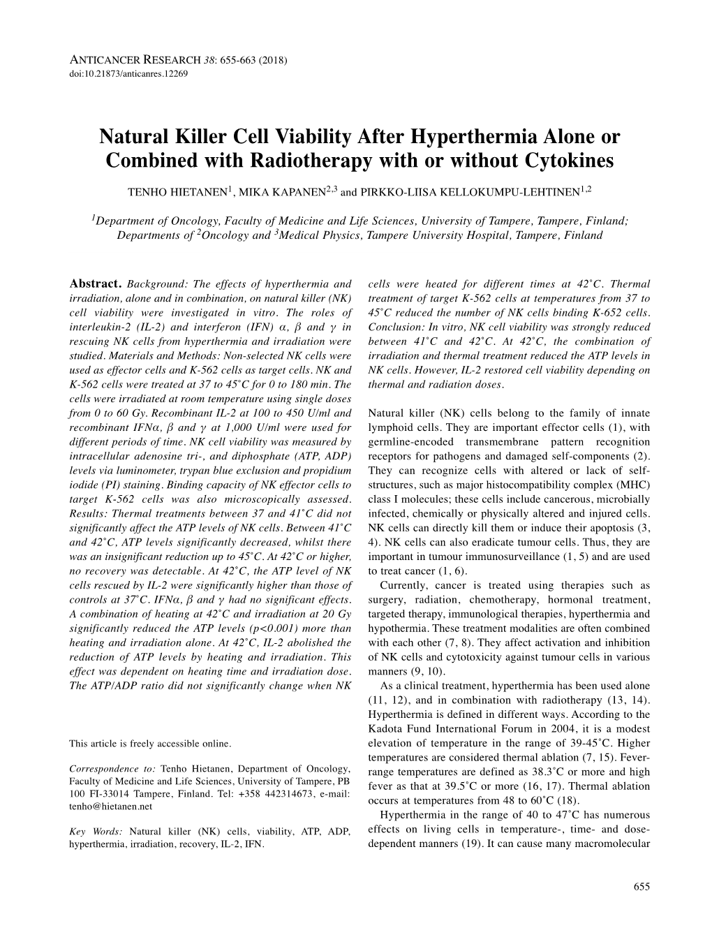 Natural Killer Cell Viability After Hyperthermia Alone Or Combined