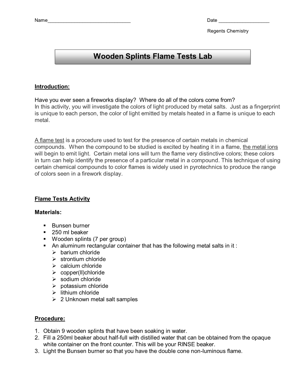 Wooden Splints Flame Tests Lab