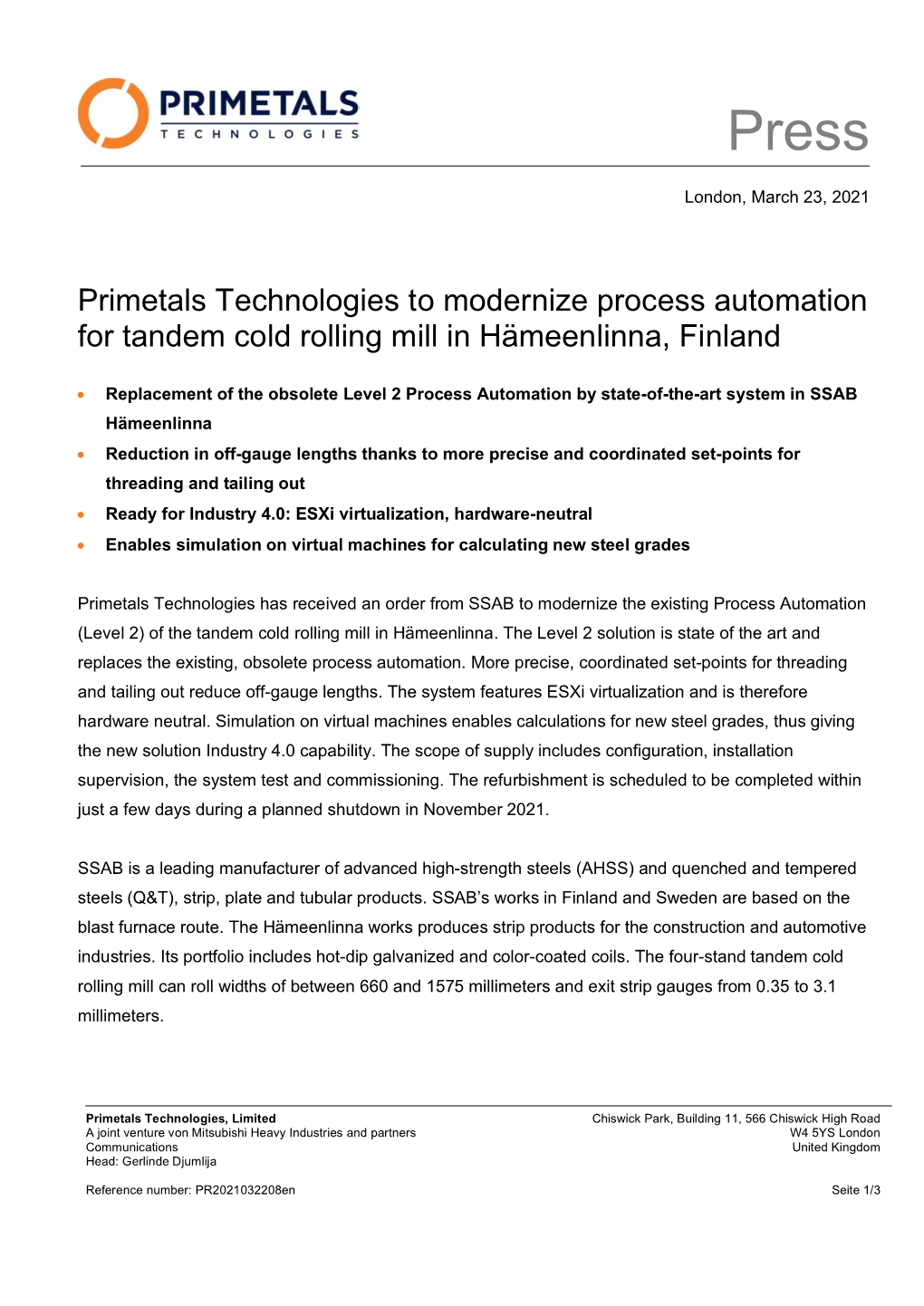 Primetals Technologies to Modernize Process Automation for Tandem Cold Rolling Mill in Hämeenlinna, Finland