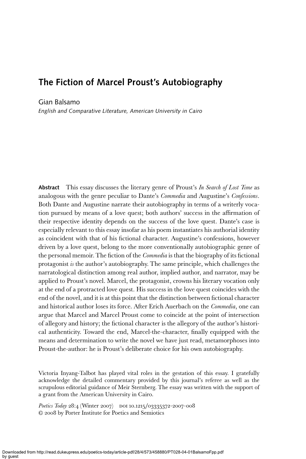 The Fiction of Marcel Proust's Autobiography