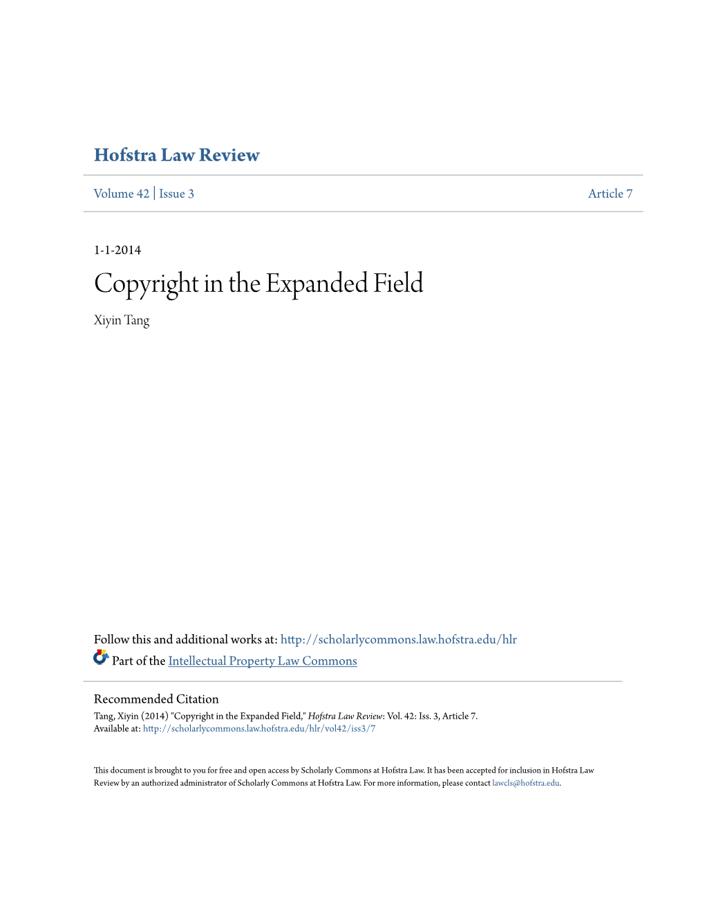 Copyright in the Expanded Field Xiyin Tang