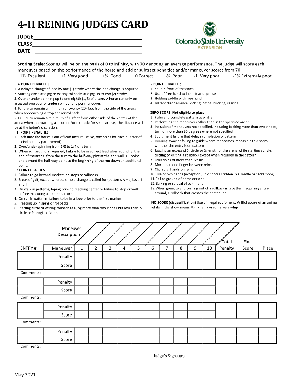 4-H Reining Judges Card Judge Class Date