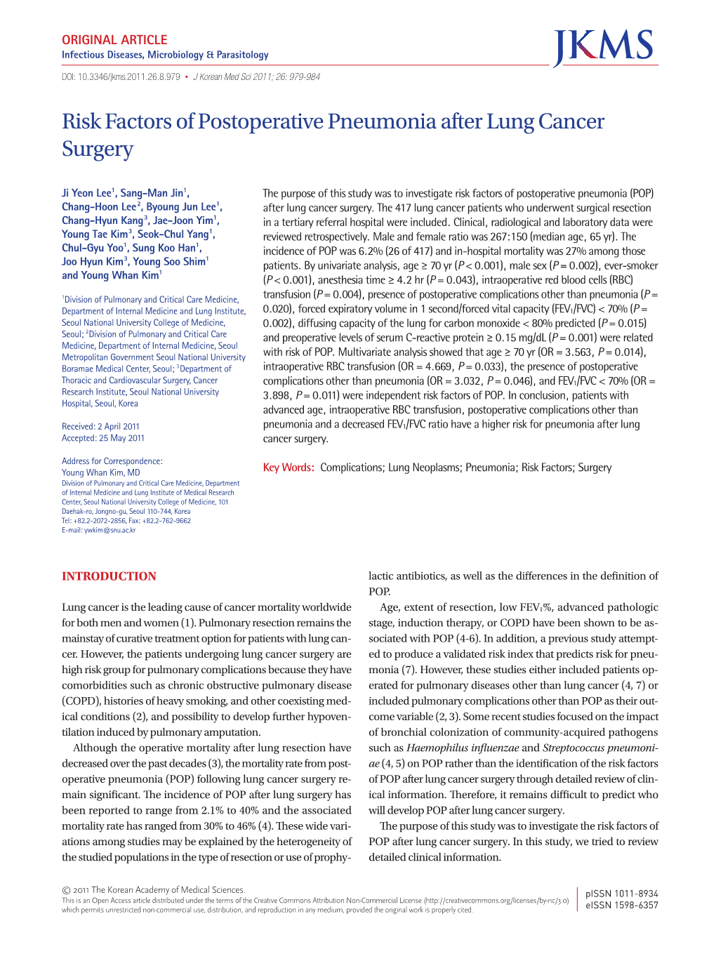 Risk Factors of Postoperative Pneumonia After Lung Cancer Surgery