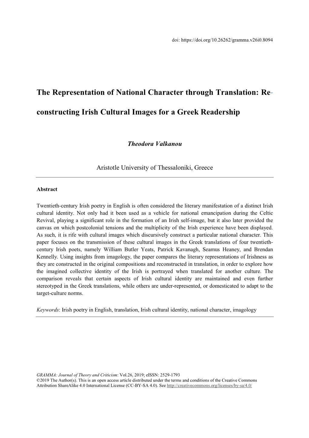 The Representation of National Character Through Translation: Re- Constructing Irish Cultural Images for a Greek Readership