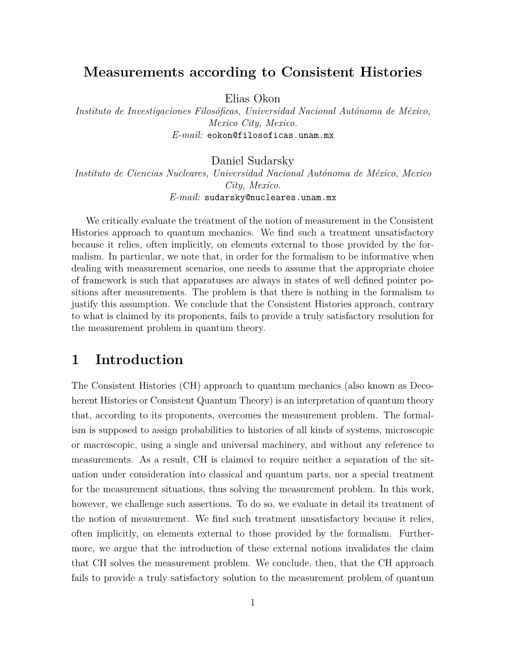 Measurements According to Consistent Histories 1 Introduction