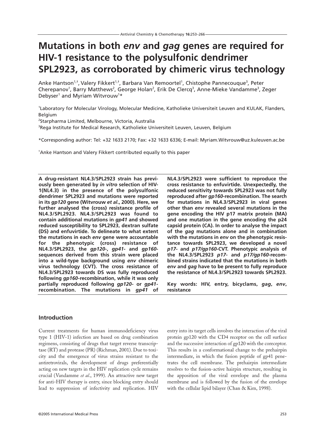 Mutations in Both Env and Gag Genes Are Required for HIV-1 Resistance to the Polysulfonic Dendrimer SPL2923, As Corroborated by Chimeric Virus Technology