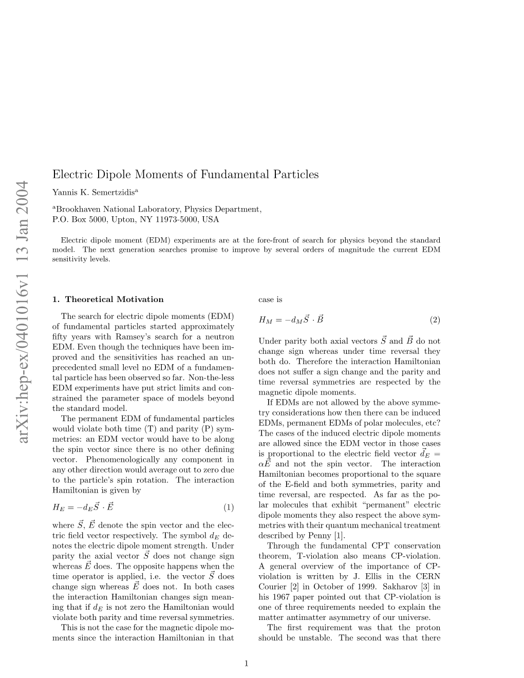 Hep-Ex/0401016V1 13 Jan 2004 Et Ic H Neato Aitna Nthat in Hamiltonian Interaction the Since Ments Symmetries