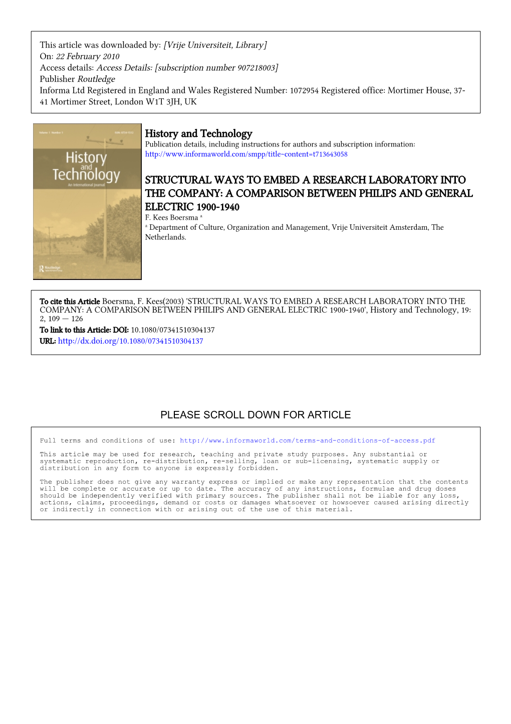 History and Technology STRUCTURAL WAYS to EMBED a RESEARCH LABORATORY INTO the COMPANY: a COMPARISON BETWEEN PHILIPS and GENERAL