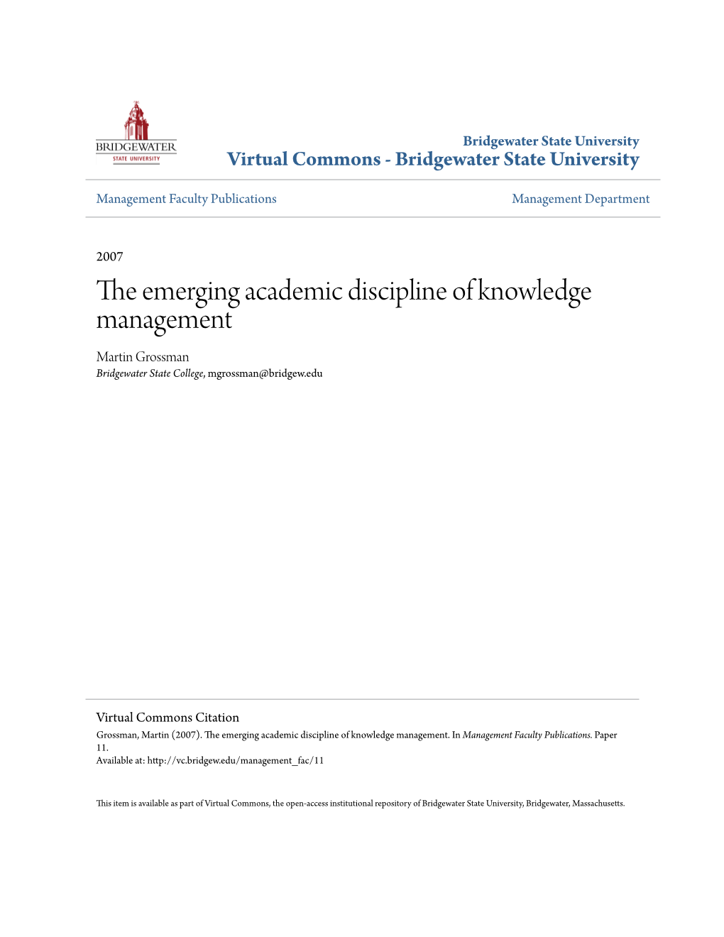 The Emerging Academic Discipline of Knowledge Management