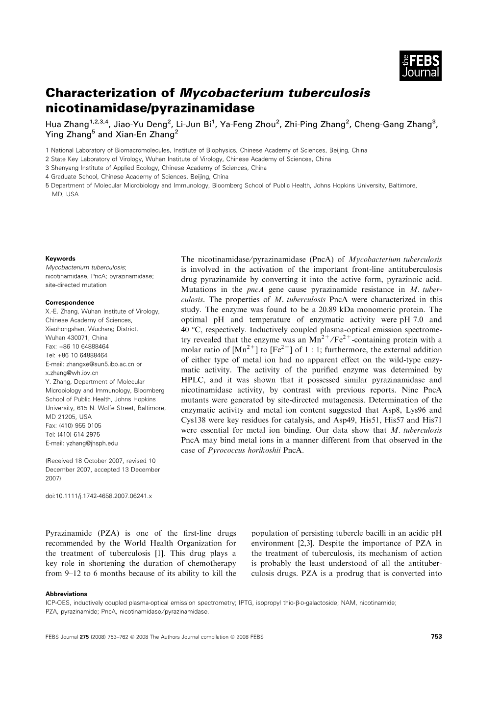 Characterization of Mycobacterium Tuberculosis Nicotinamidase