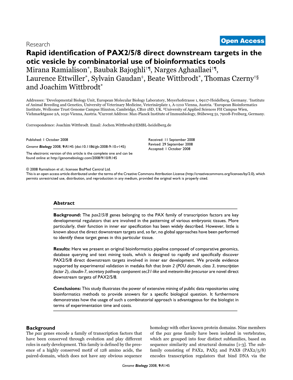Rapid Identification of PAX2/5/8 Direct Downstream Targets in the Otic