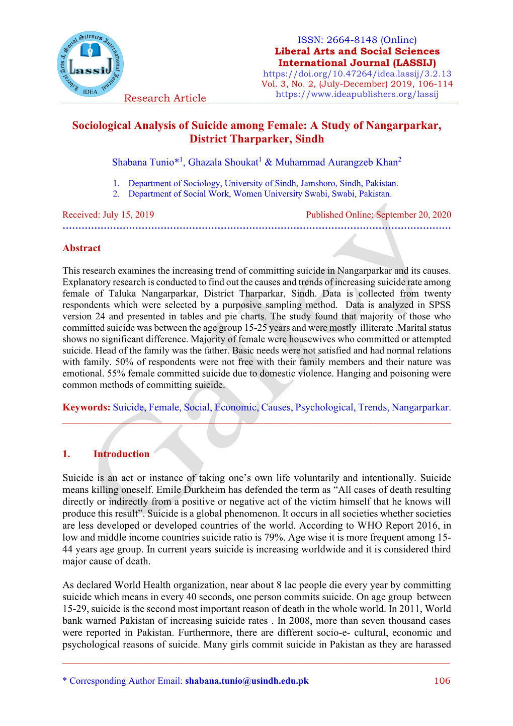 Sociological Analysis of Suicide Among Female: a Study of Nangarparkar, District Tharparker, Sindh