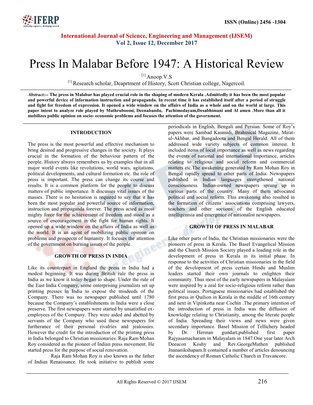 Press in Malabar Before 1947: a Historical Review [1] Anoop.V.S [1] Research Scholar, Deaprtment of History, Scott Christian College, Nagercoil