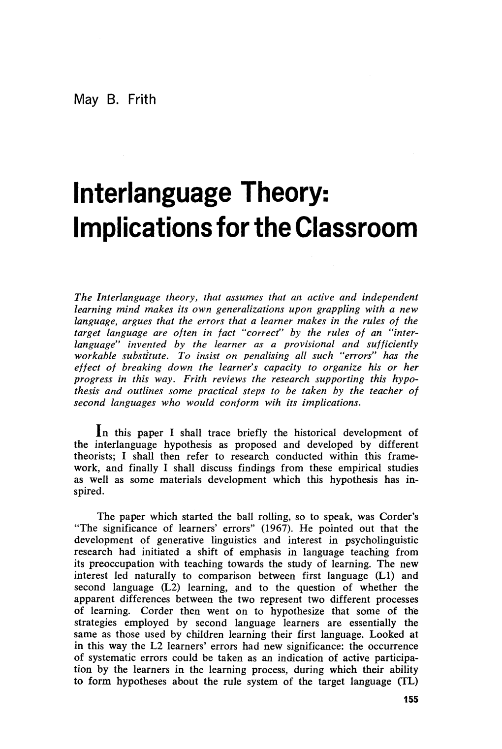 Interlanguage Theory: Implications for the Classroom