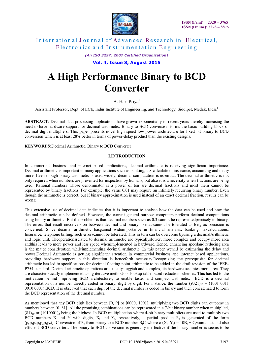 A High Performance Binary to BCD Converter