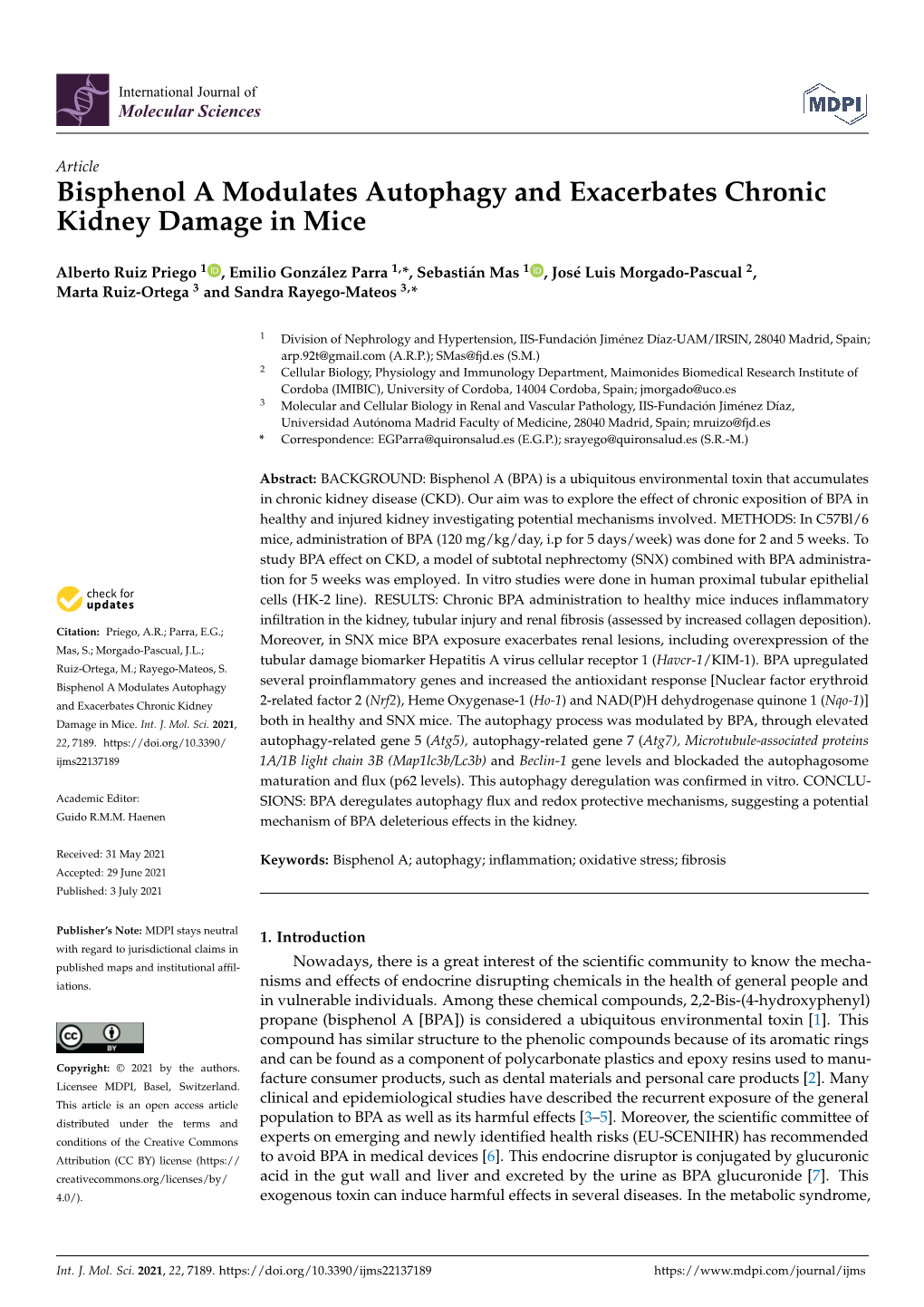 Bisphenol a Modulates Autophagy and Exacerbates Chronic Kidney Damage in Mice