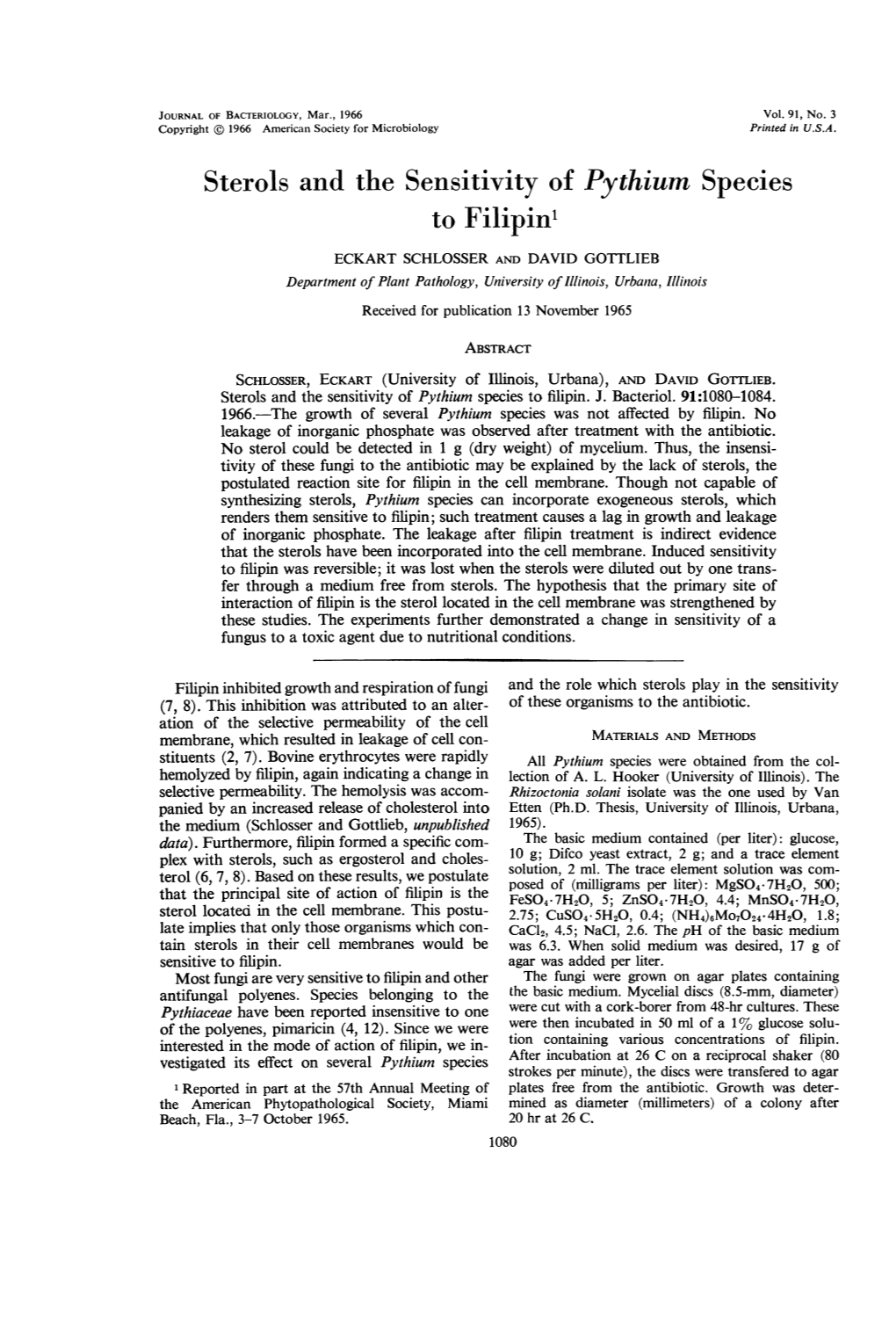 Sterols and the Sensitivity of Pythium Species to Filipinl