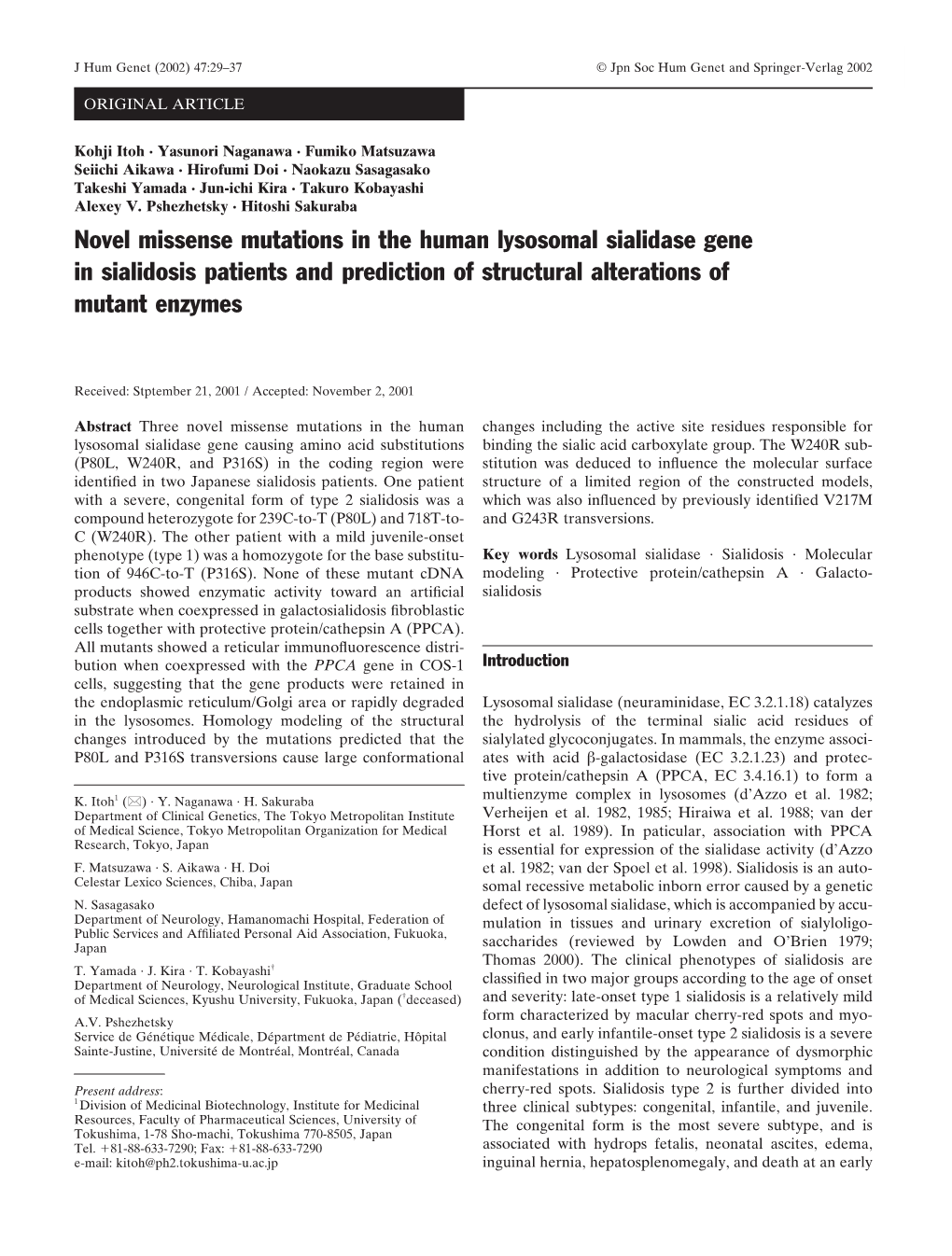 Novel Missense Mutations in the Human Lysosomal Sialidase Gene in Sialidosis Patients and Prediction of Structural Alterations of Mutant Enzymes