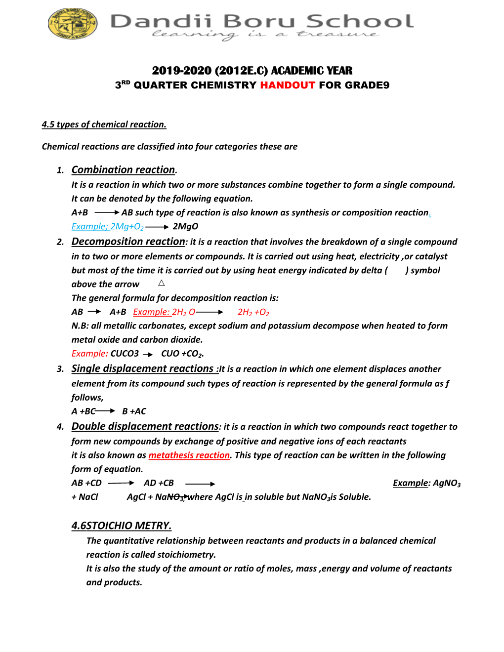 2019-2020 (2012E.C) ACADEMIC YEAR 1. Combination Reaction. 4.6