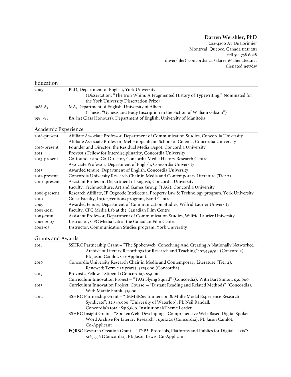 Darren Wershler's CV, March 2019