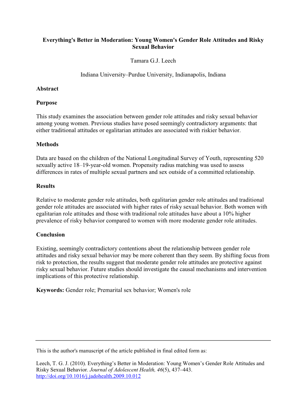 Everything's Better in Moderation: Young Women's Gender Role Attitudes and Risky Sexual Behavior