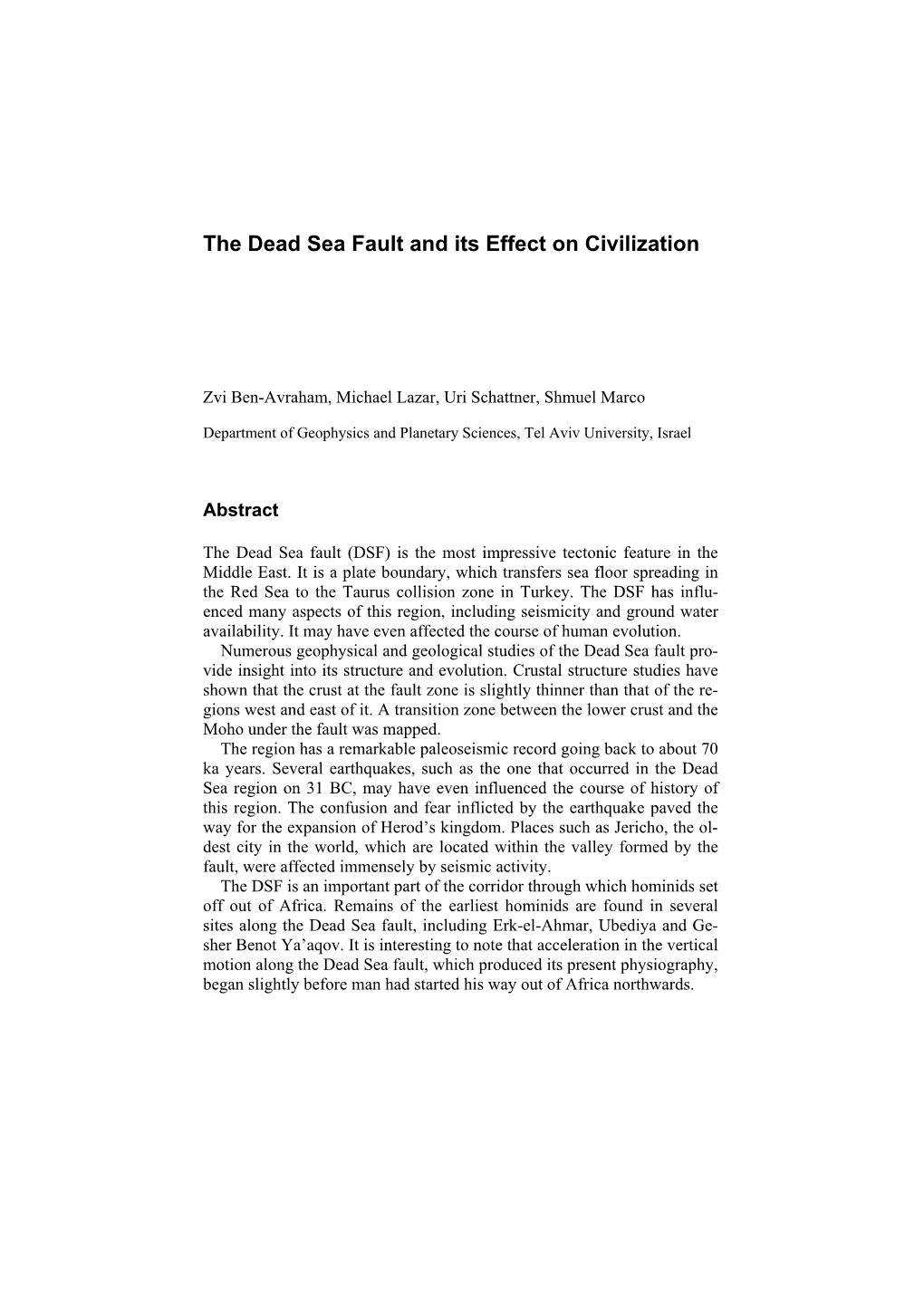 The Dead Sea Fault and Its Effect on Civilization