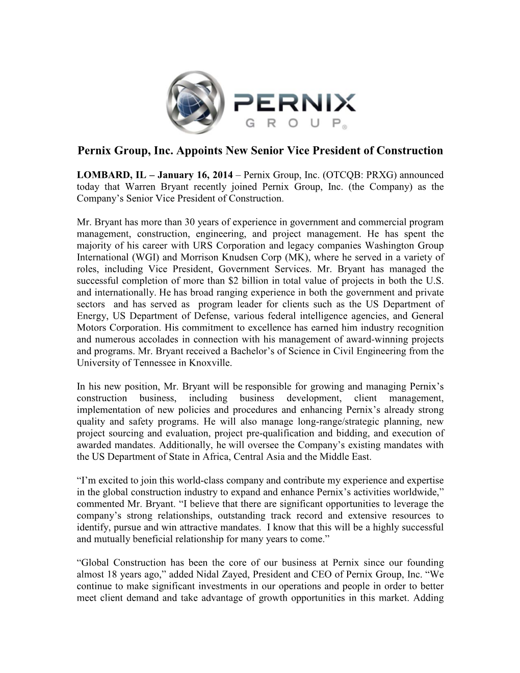 Pernix Group, Inc. Appoints New Senior Vice President of Construction