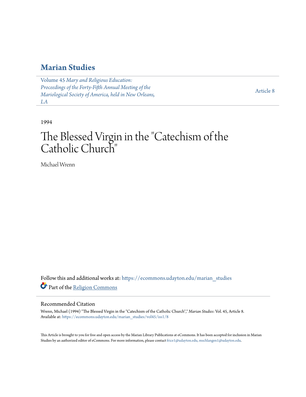 The Blessed Virgin in the "Catechism of the Catholic Church"