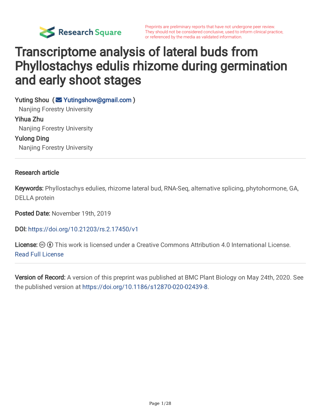 Transcriptome Analysis of Lateral Buds from Phyllostachys Edulis Rhizome During Germination and Early Shoot Stages