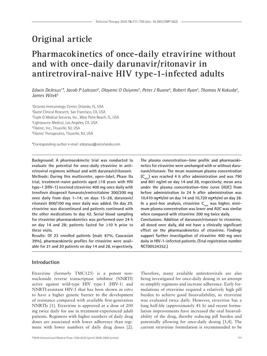 Pharmacokinetics of Once-Daily Etravirine Without and with Once-Daily Darunavir/Ritonavir in Antiretroviral-Naive HIV Type-1-Infected Adults