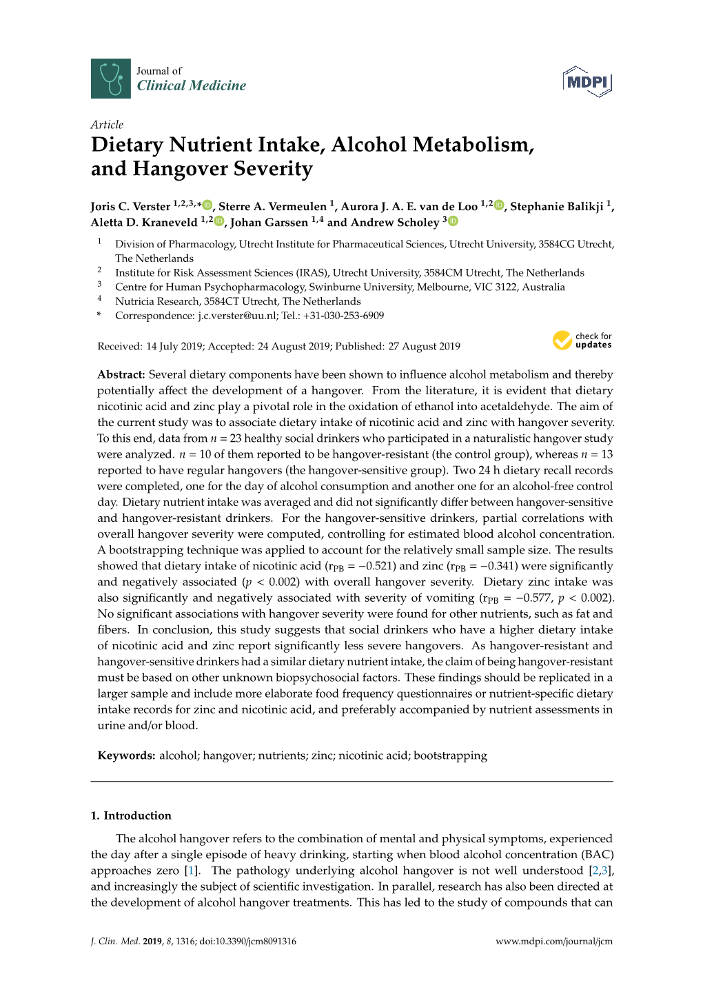 Dietary Nutrient Intake, Alcohol Metabolism, and Hangover Severity