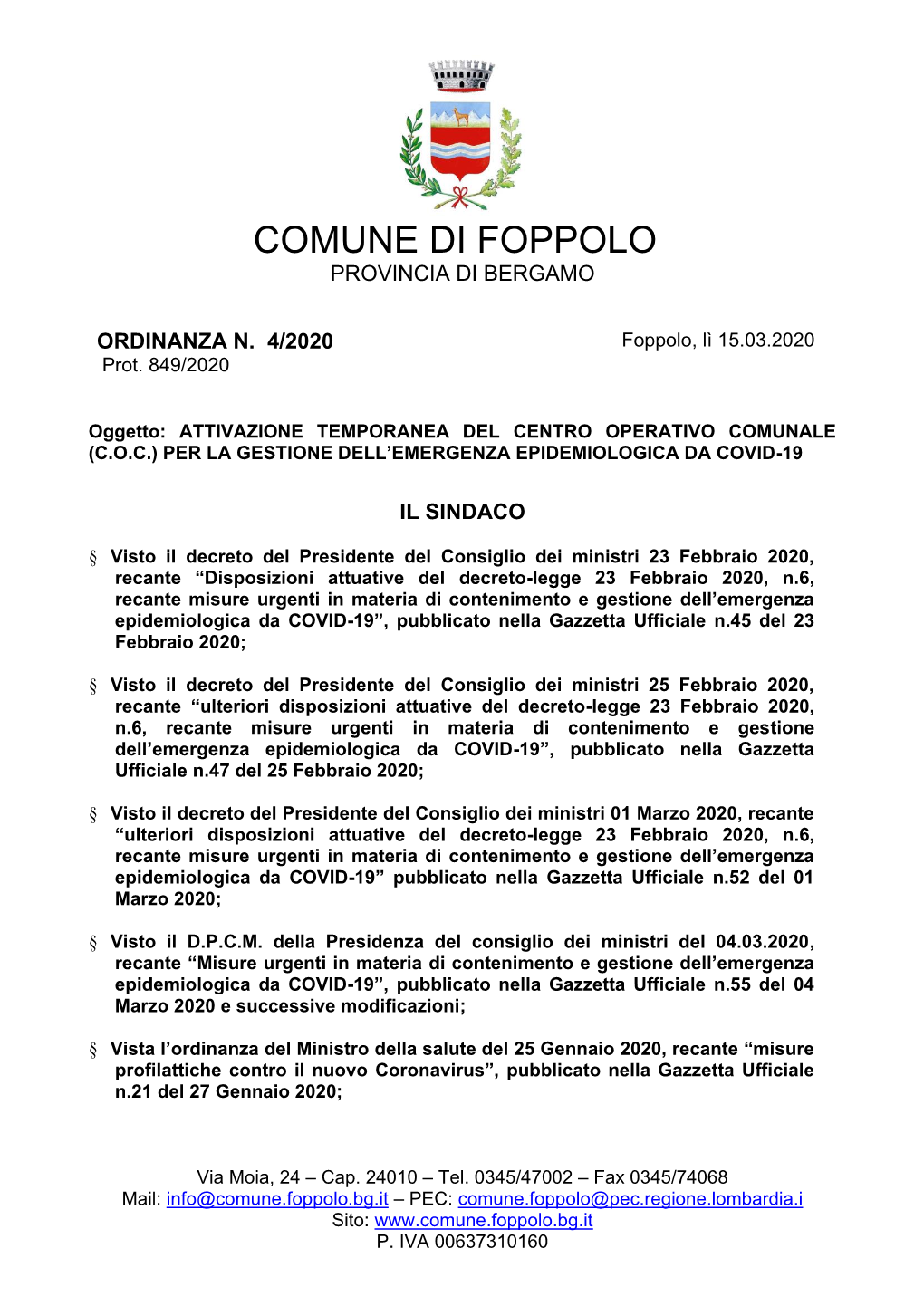 Attivazione Temporanea Del Centro Operativo Comunale (C.O.C.) Per La Gestione Dell’Emergenza Epidemiologica Da Covid-19